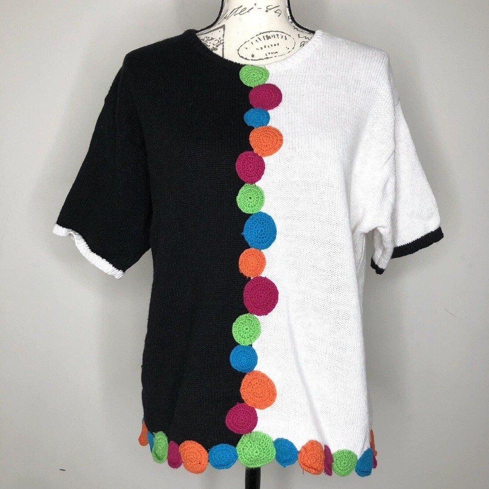 Vintage Mike & Me Knit Colorful Circle Crochet Short Sleeve Sweater size Large